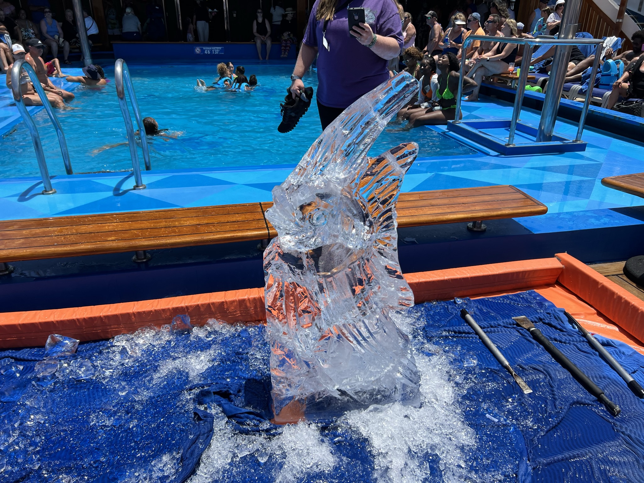 Cruise Shorts - Carnival Chef Creates Ice Carving of Angel Fish on Carnival Freedom’s Lido Deck