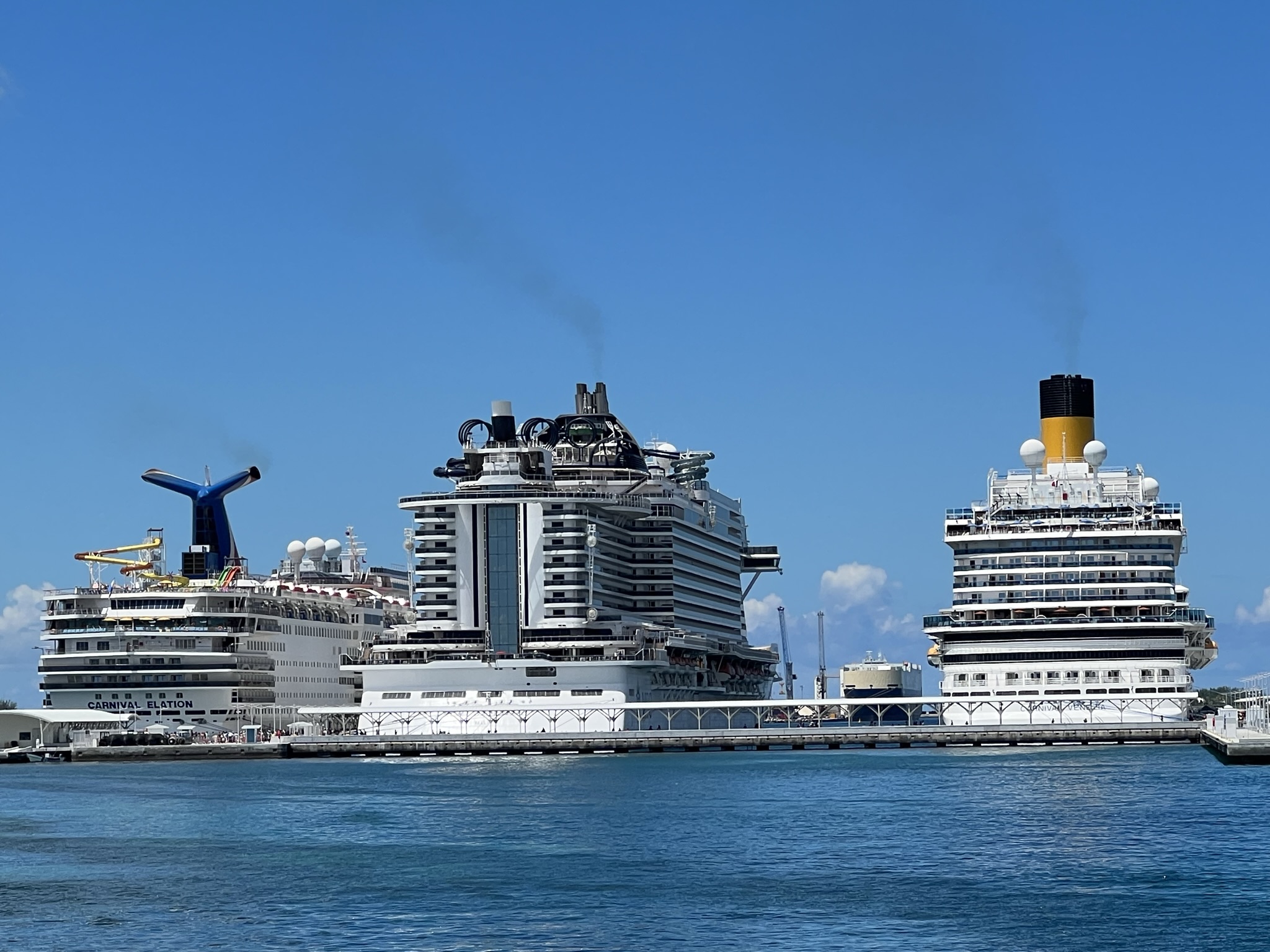 Cruise Ships – MSC Seaside, Carnival Elation and Carnival Venezia Docked in Nassau Bahamas
