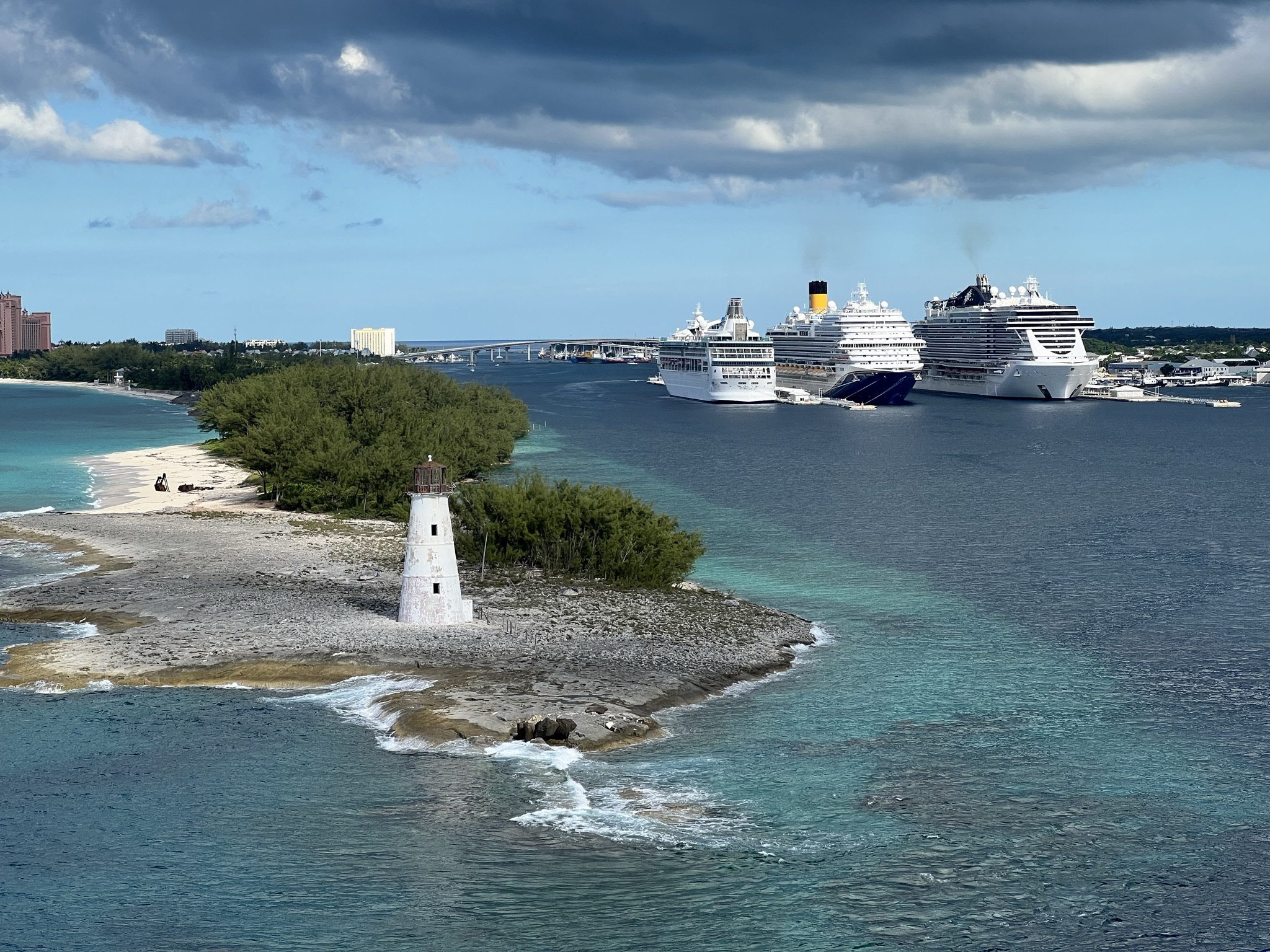 Cruise Ports - Carnival Elation Leaves Port of Nassau Bahamas Passing Paradise Island Lighthouse