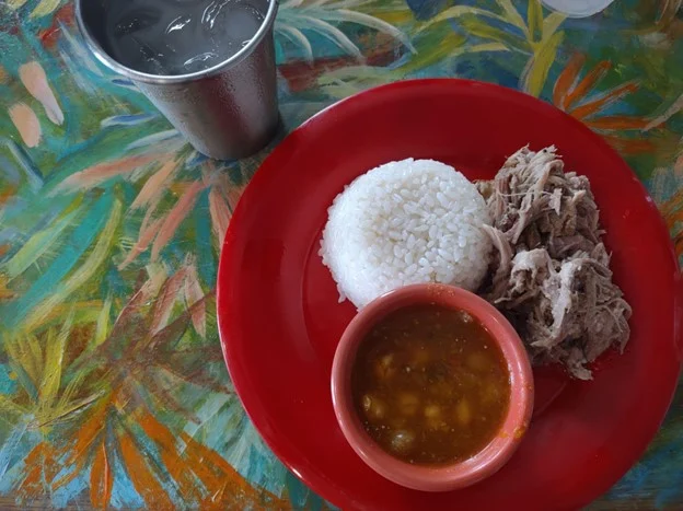 A selection of pulled pork, beans and white rice at Deaverdura. (Photo by Jenna Buege)